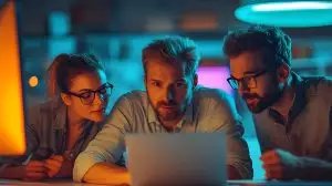 Photo Focused Coworkers Teamwork Laptop Night Office