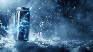 Promotional 3D Aluminum Energy Drink Banner Featuring Lightning Symbols. Concept 3D Banner, Aluminum Material, Energy Drink, Lightning Symbols, Promotional