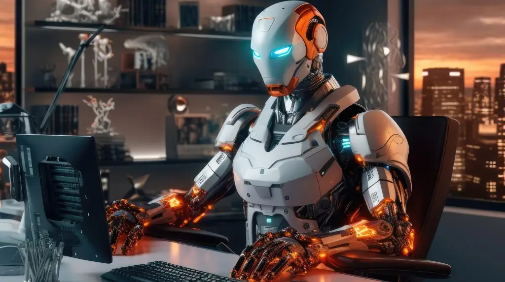 A robot works at a computer in an office