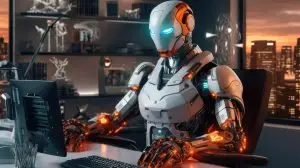 A robot works at a computer in an office