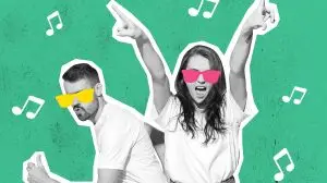 Wow,Emotions,And,Music.,Stylish,Couple,Dancing,On,Bright,Background.