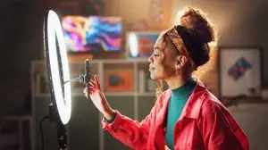 Woman,,Influencer,And,Phone,With,Ring,Light,For,Video,Recording,