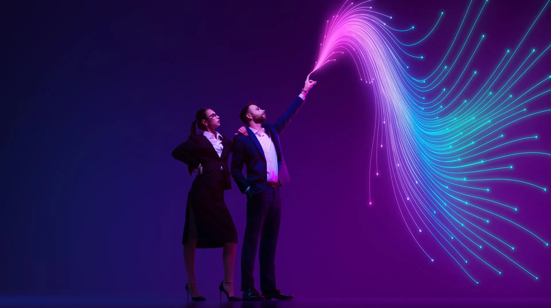 Businesswoman,And,Man,Observe,Flowing,Wave,Of,Digital,Data,Against