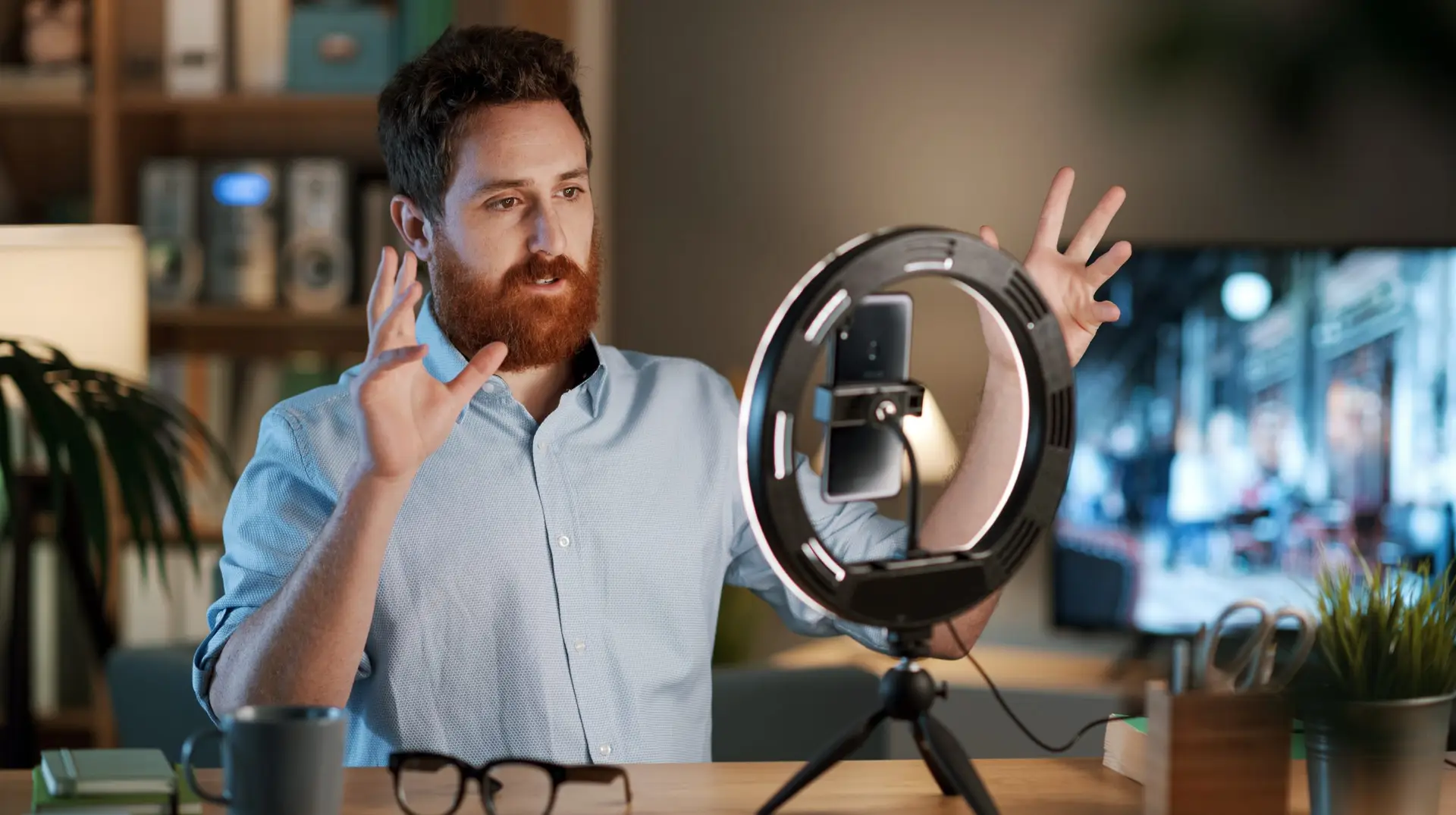 Professional,Youtuber,And,Influencer,Working,At,Home,,He,Is,Recording