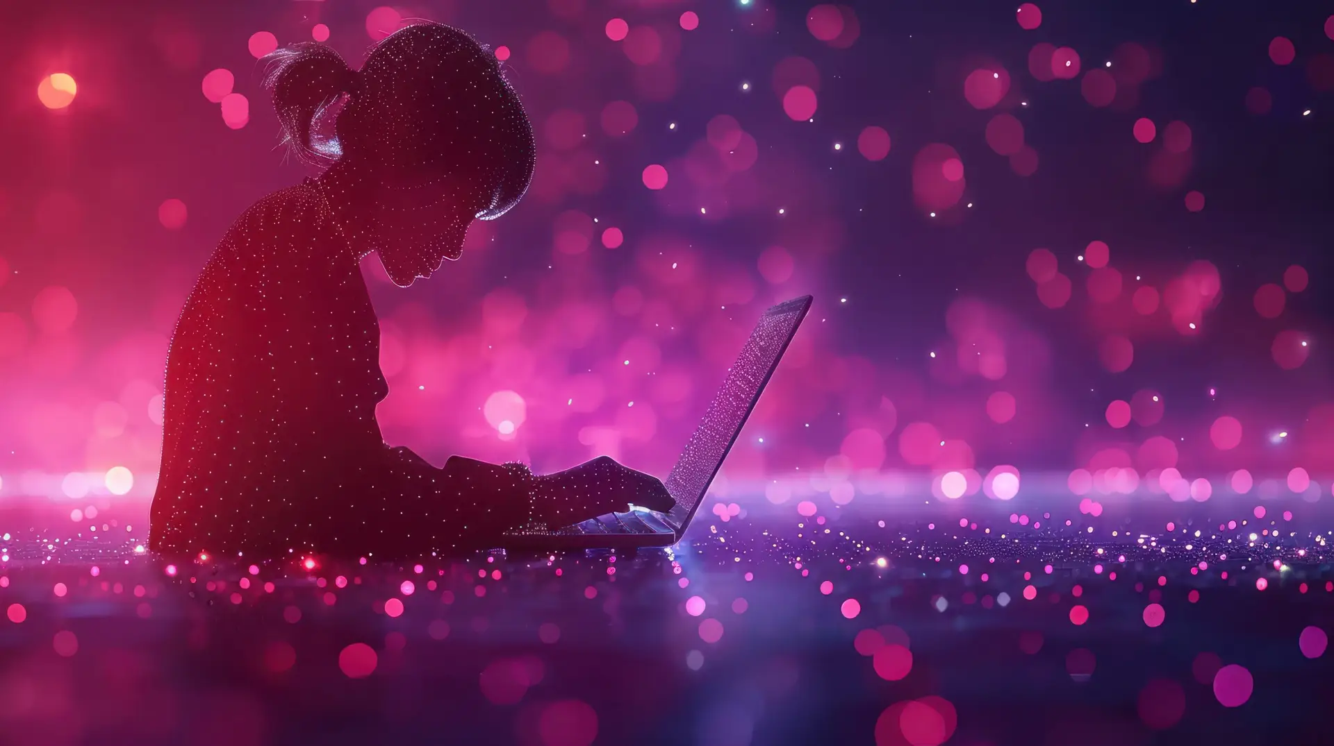 Silhouette of a Woman Using a Laptop with a Bokeh Background