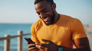 man smiling at his phone