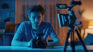 Tech content creator filming brand sponsored mini RGB lights device unpacking, presenting info to audience.