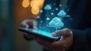 futuristic phone with tech clouds coming out