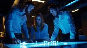 Three colleagues working together on a futuristic interactive table