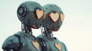 Two robots with heartshaped eyes, futuristic love concept