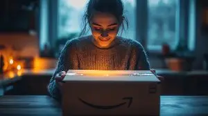 Woman opening a delivery box with a smile.