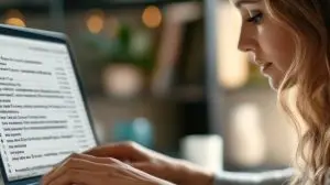 A woman typing on a laptop, focused on her emails in a cozy workspace.