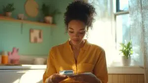 A woman wearing a yellow shirt sits in a bright kitchen. She is focused on her smartphone. The warm sunlight highlights her features. A cozy atmosphere reflects her relaxed mood. AI