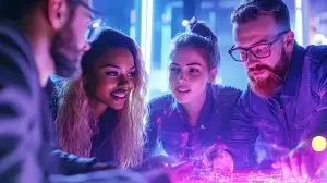 Young Friends Collaborate in Neon-Lit Studio