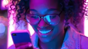Young woman smiling while using smartphone in a vibrant neon lit setting with purple and blue tones