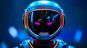 Android robot speaking at global press event on AI robotics and politics. Concept AI Robotics, Android Technology, Global Press, Politics, Android Speaker