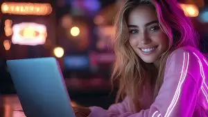 Attractive young woman with blonde hair smiles at the camera while sitting at a table in a brightly lit bar, working on a laptop.