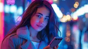 Beautiful Young Woman Using Smartphone Standing on Night City Street Full with Neon Lights