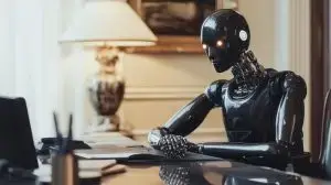A Black Robot Sitting at a Desk in a Luxurious Office