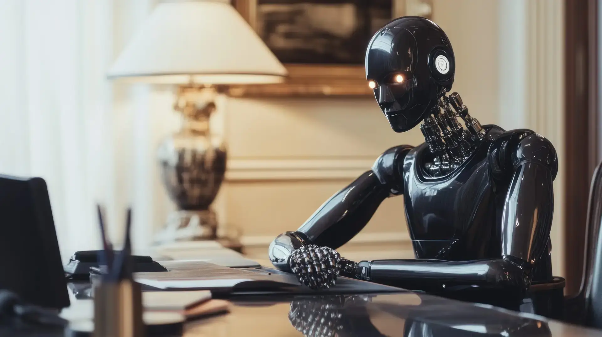 A Black Robot Sitting at a Desk in a Luxurious Office
