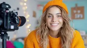 Bright and cheerful influencer livestreaming from stylish apartment, showcasing her vibrant personality and engaging with her audience