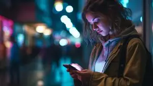 City at night, lady uses phone app while framed by neon street lights. Generative Ai.