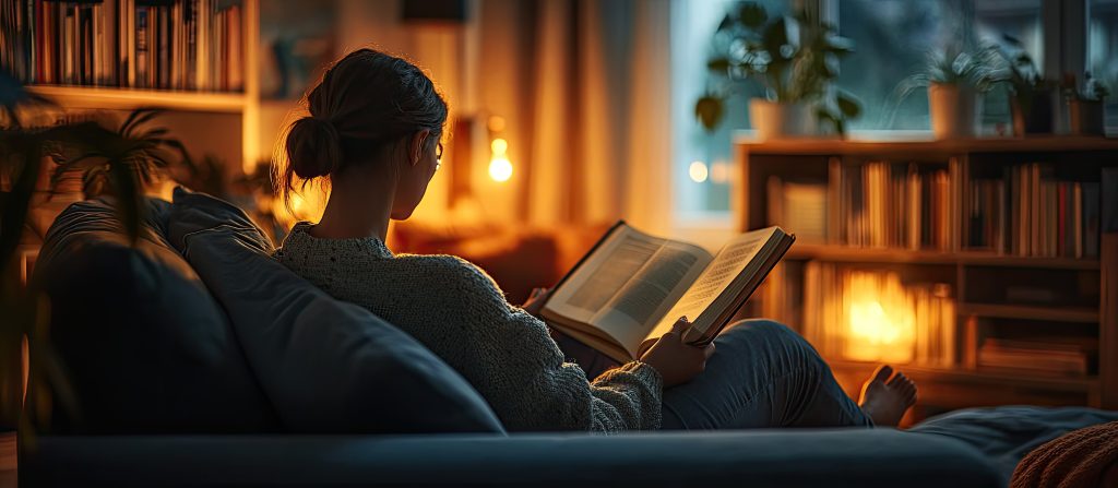 Cozy Evening: Woman Reading by Warm Light