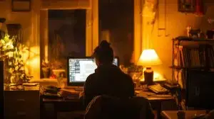 Cozy Home Office at Night with Warm Lighting and Focused Woman Working on Computer