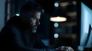 Cybersecurity expert safeguarding network from cybercrime while working late at night. Concept Cybersecurity, Network Protection, Night Shift, Cybercrime Prevention, Expertise