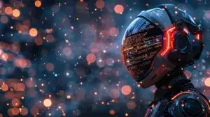 Digital background featuring a cyberpunk humanoid robot with a holographic screen on its back