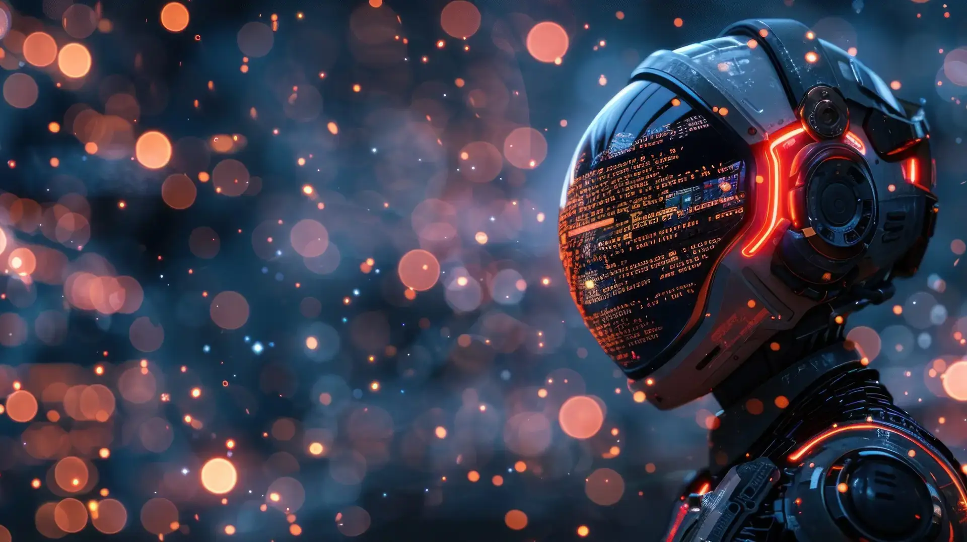 Digital background featuring a cyberpunk humanoid robot with a holographic screen on its back