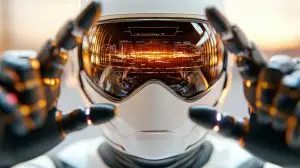 Futuristic robot with reflective visor manipulating digital holographic interface, representing advanced AI and innovative technology.