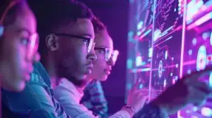 Futuristic Team Meeting in High-Tech Workspace with Neon Echoes and Striking Purple Background