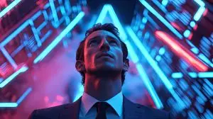 Futuristic Urban Scene with Neon Lights and Glowing Triangle