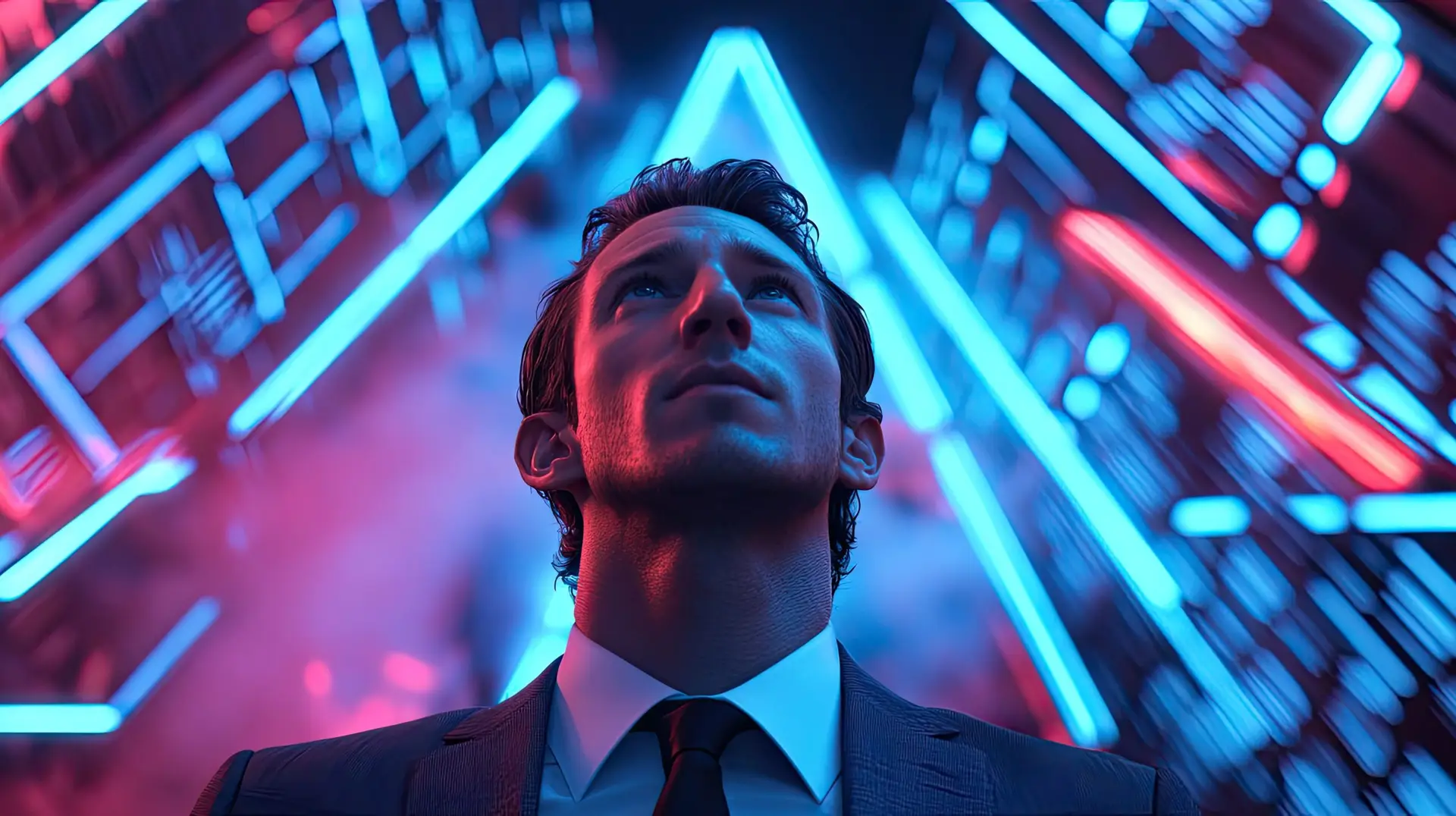 Futuristic Urban Scene with Neon Lights and Glowing Triangle