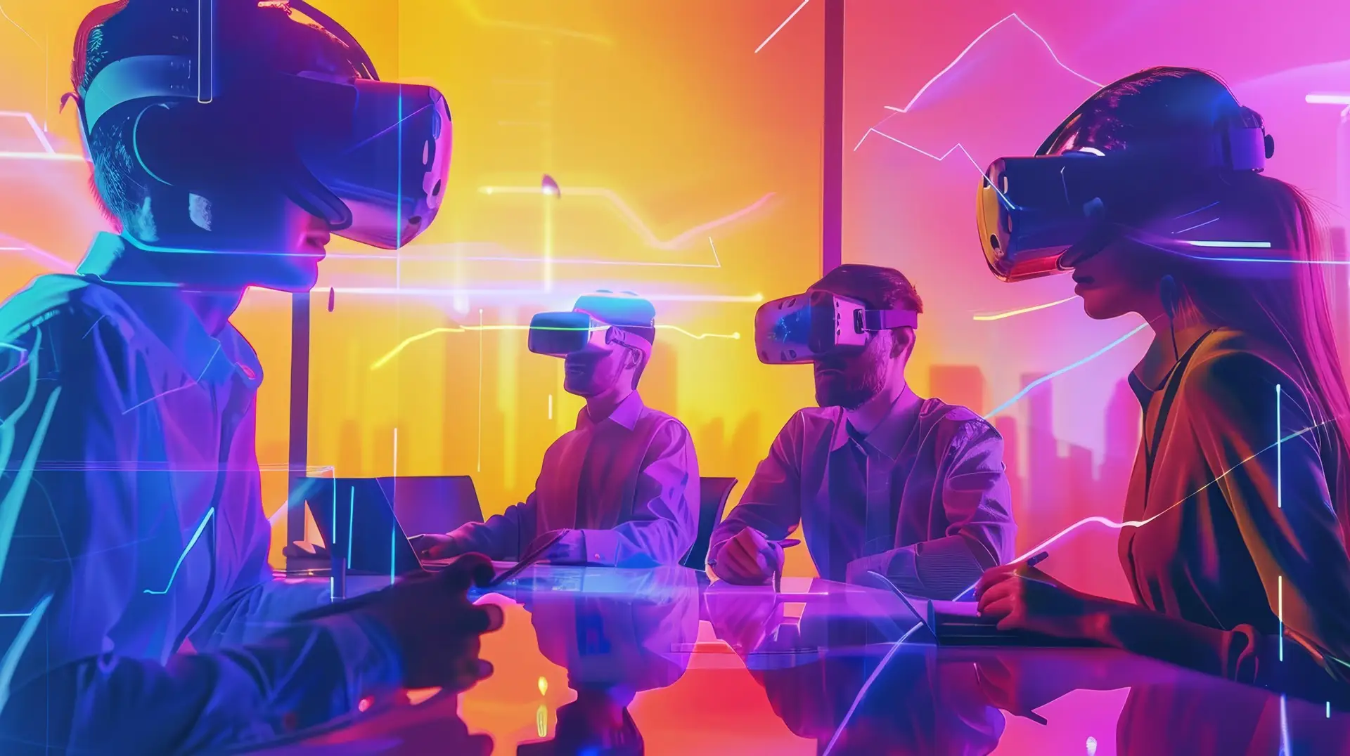 Group of people using virtual reality headsets in a modern workspace, experiencing immersive technology with vibrant neon lighting.