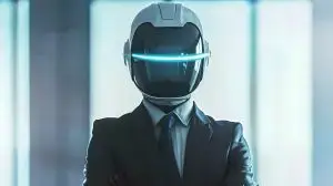 Helmet of a futuristic businessman office background, Generative AI.
