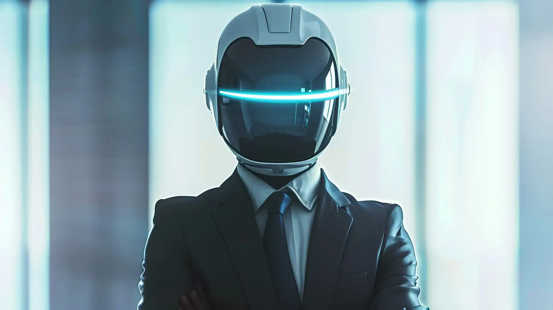 Helmet of a futuristic businessman office background, Generative AI.