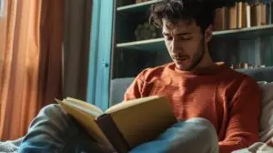 a Hispanic man journaling his goals and intentions for the day in a cozy corner of his bedroom
