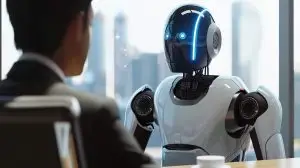 Human Interacting With AI Robot In Office Meeting