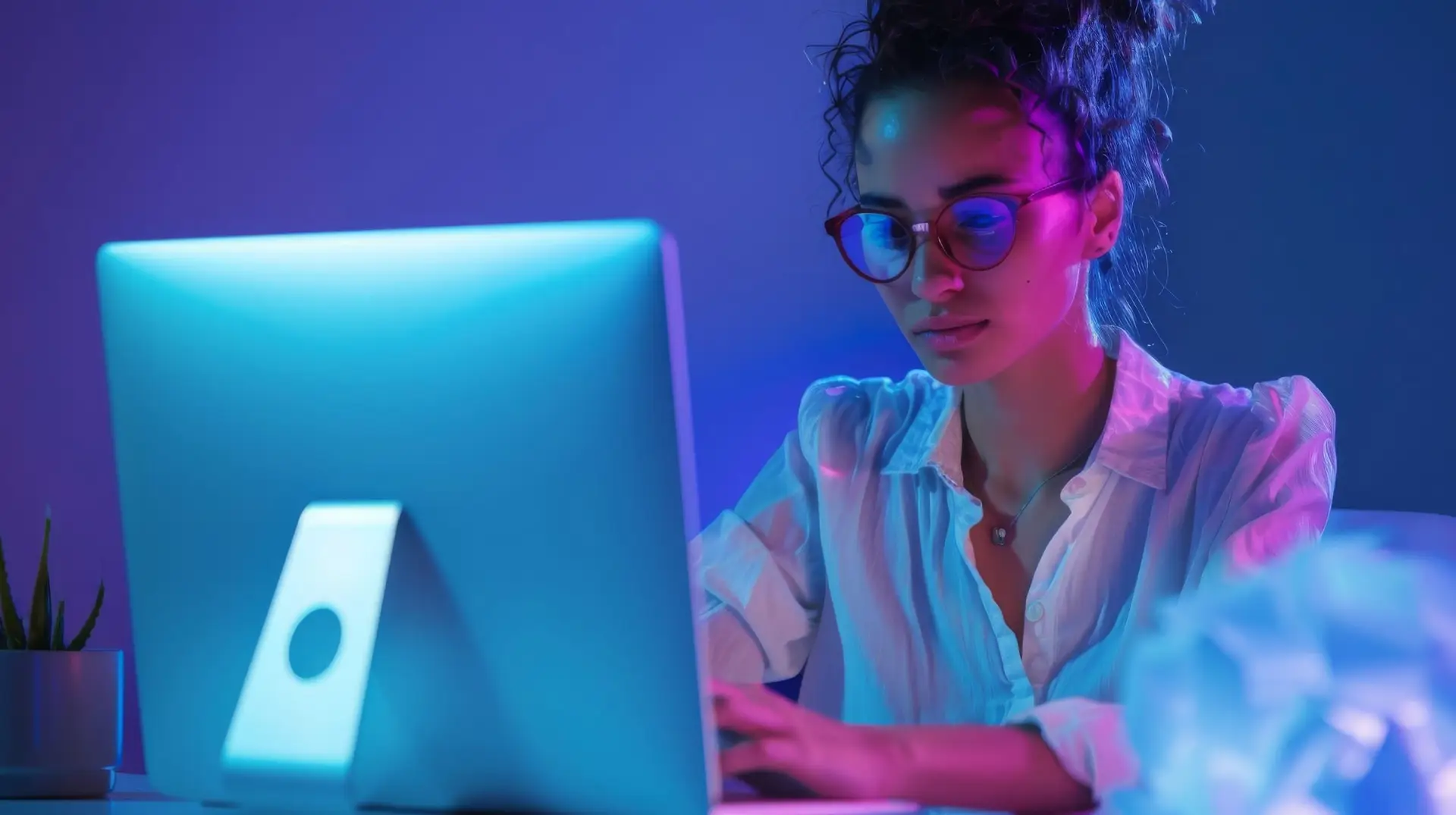 Illuminated Ambition - Businesswoman Working Late at Desk with Vibrant Neon Lights and Deep Blue Background, Creative Workspace Concept