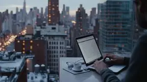 An individual works on a laptop with a breathtaking city skyline, blending modern productivity with a stunning urban backdrop at twilight.