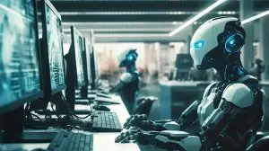 A robot working in a modern office with real people. Generative AI
