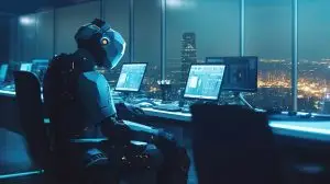 A robot working in a modern office with real people. Generative AI