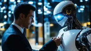 Man examines AI robot in futuristic office