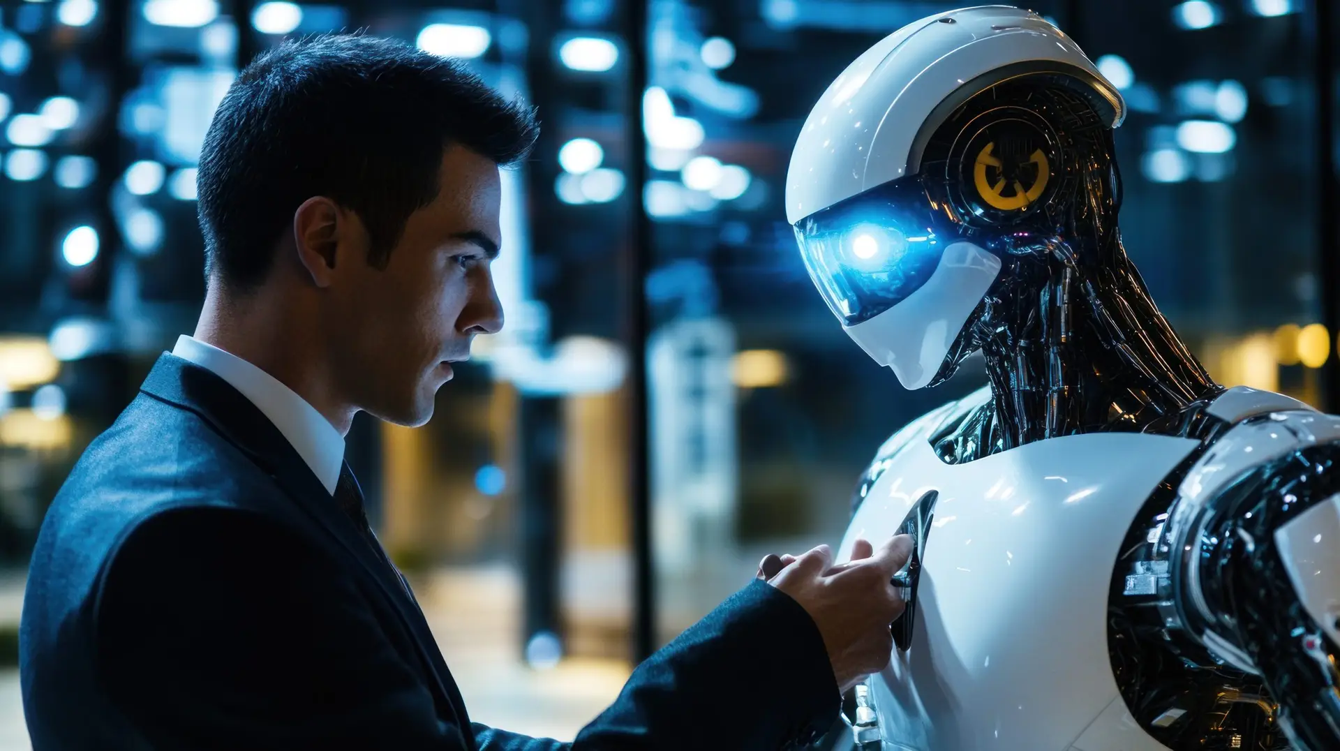 Man examines AI robot in futuristic office