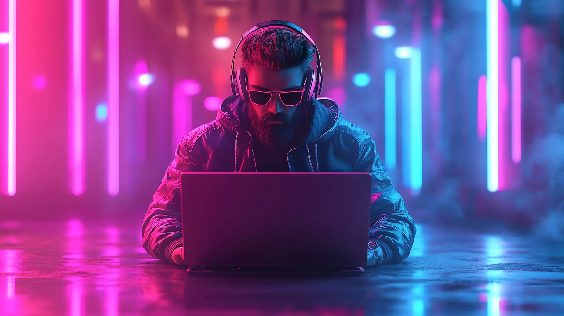 Man in a neon-lit room, wearing headphones and sunglasses, works on a laptop.