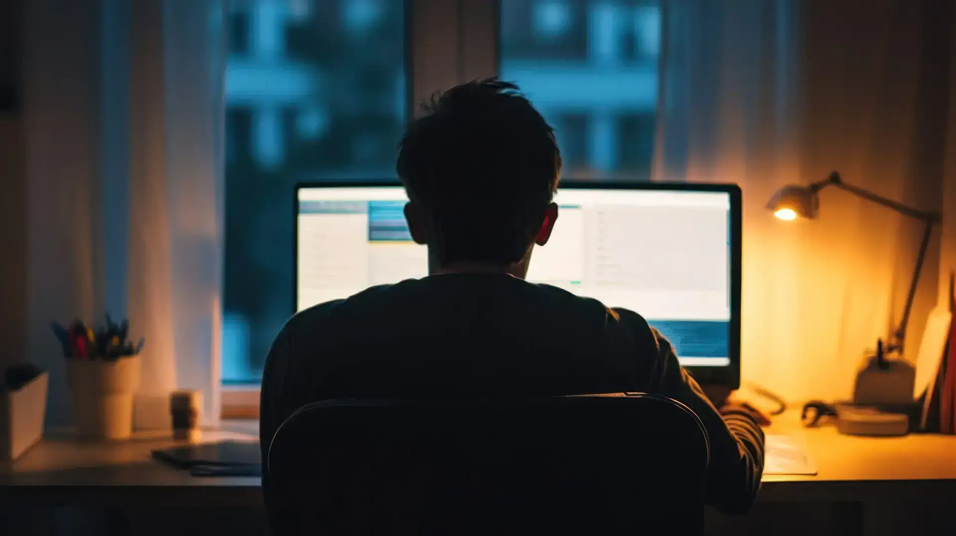 Man works late at night on computer in home office