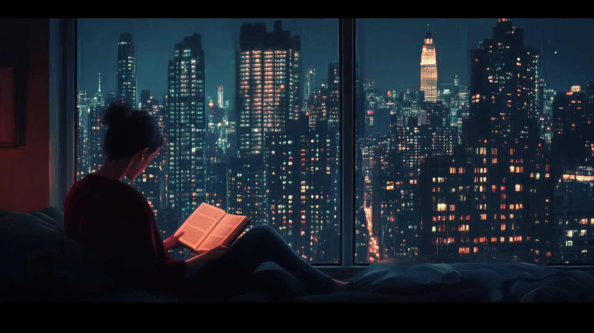 Nighttime Cityscape View from a Cozy Apartment: A Woman Reads a Book While Enjoying the Breathtaking Panorama of a Glowing Metropolis