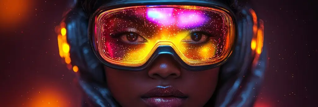 A person in a holographic hoodie that reflects neon lights,